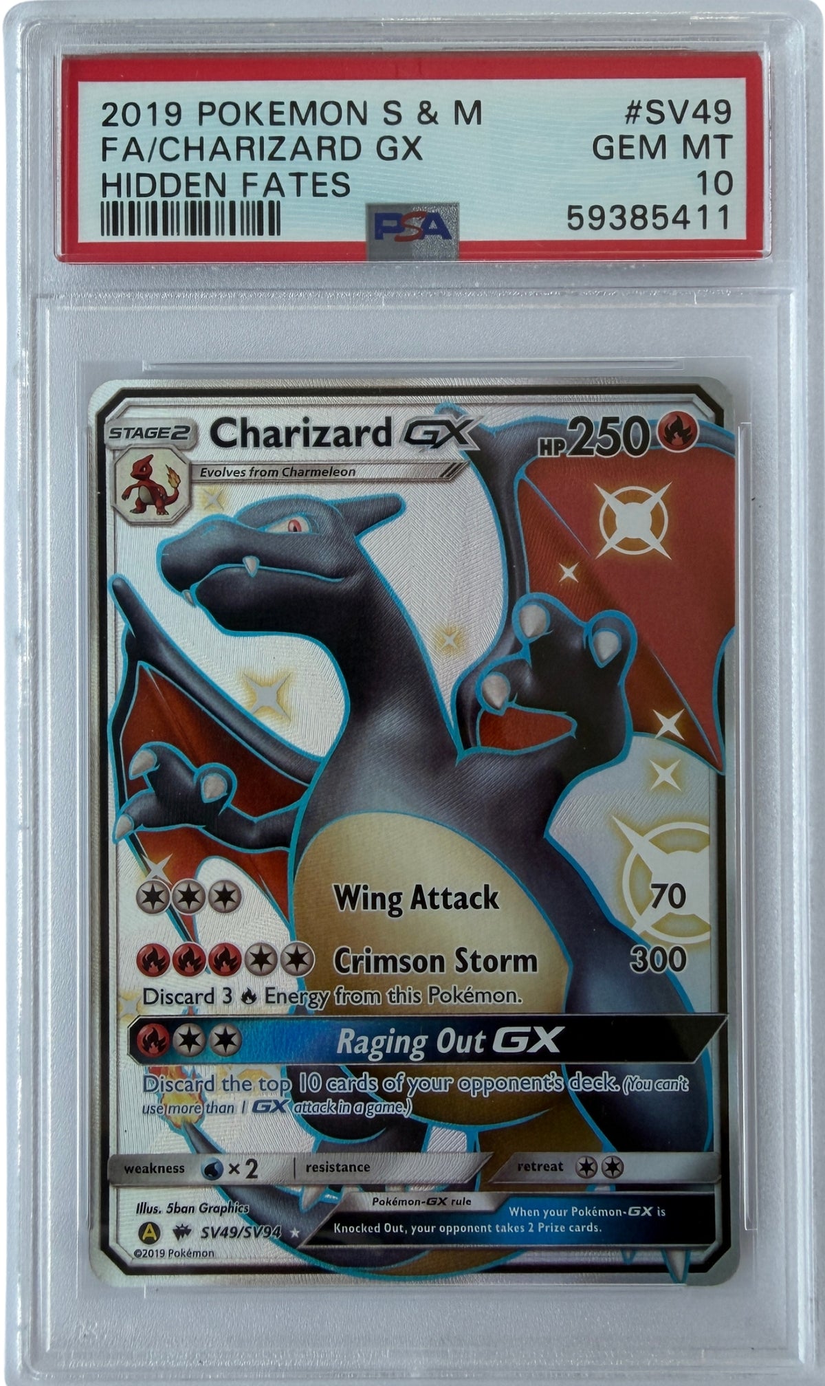PSA 10 Charizard GX Full Art from 2019 Pokémon Hidden Fates, graded Gem Mint in a sealed PSA slab.
