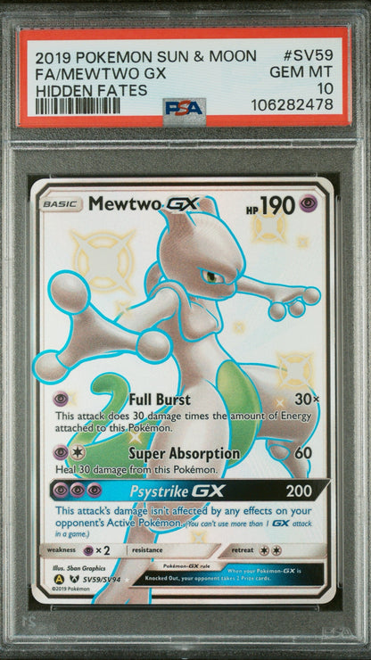 PSA 10 Mewtwo GX Full Art #Sv59 from 2019 Pokémon Hidden Fates, graded Gem Mint in a sealed PSA slab.
