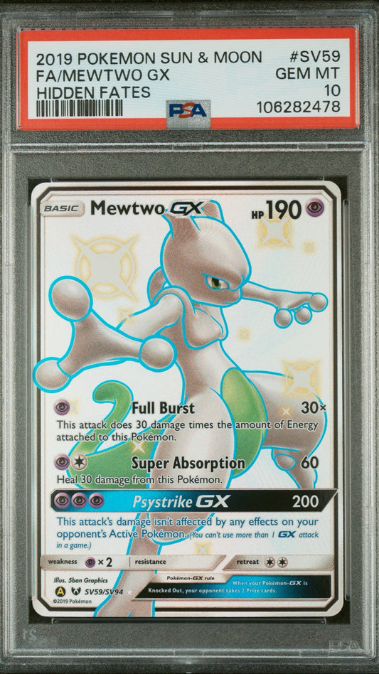 PSA 10 Mewtwo GX Full Art #Sv59 from 2019 Pokémon Hidden Fates, graded Gem Mint in a sealed PSA slab.
