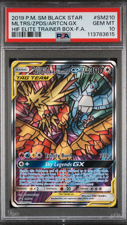 PSA 10 Moltres & Zapdos & Articuno GX Promo #SM210 from 2019 Pokémon Sun & Moon, graded Gem Mint in a sealed PSA slab.

