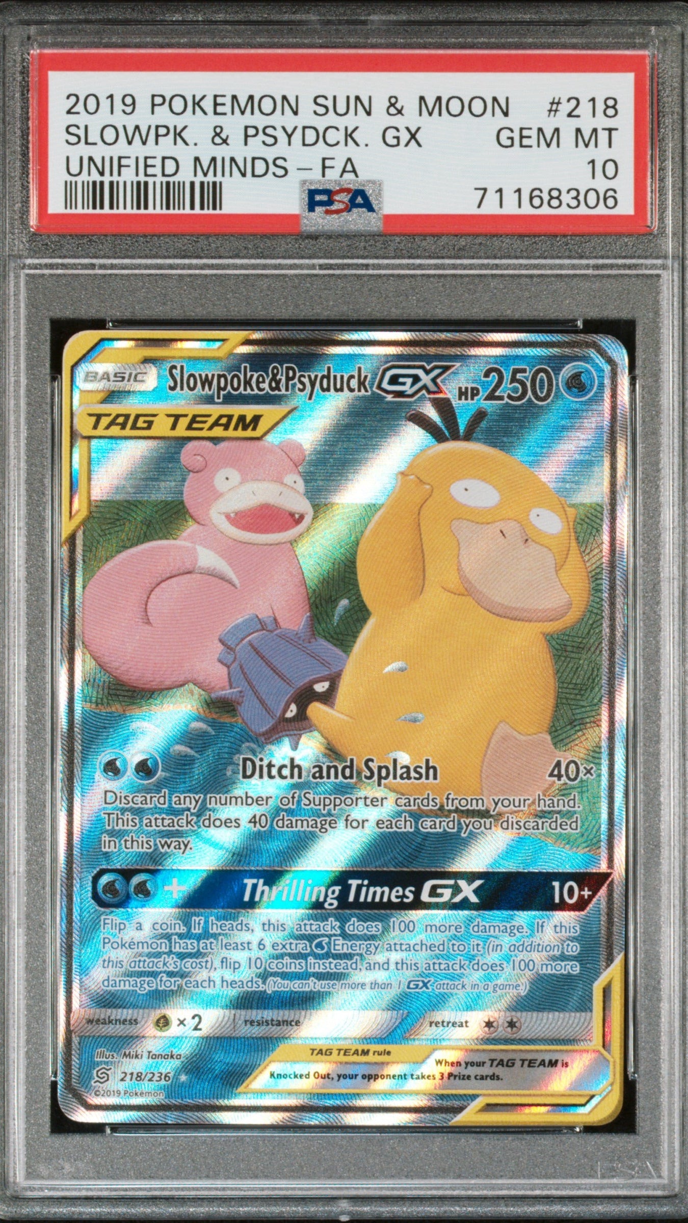 PSA 10 Slowpoke & Psyduck GX Full Art from 2019 Pokémon Unified Minds, graded Gem Mint in a sealed PSA slab.
