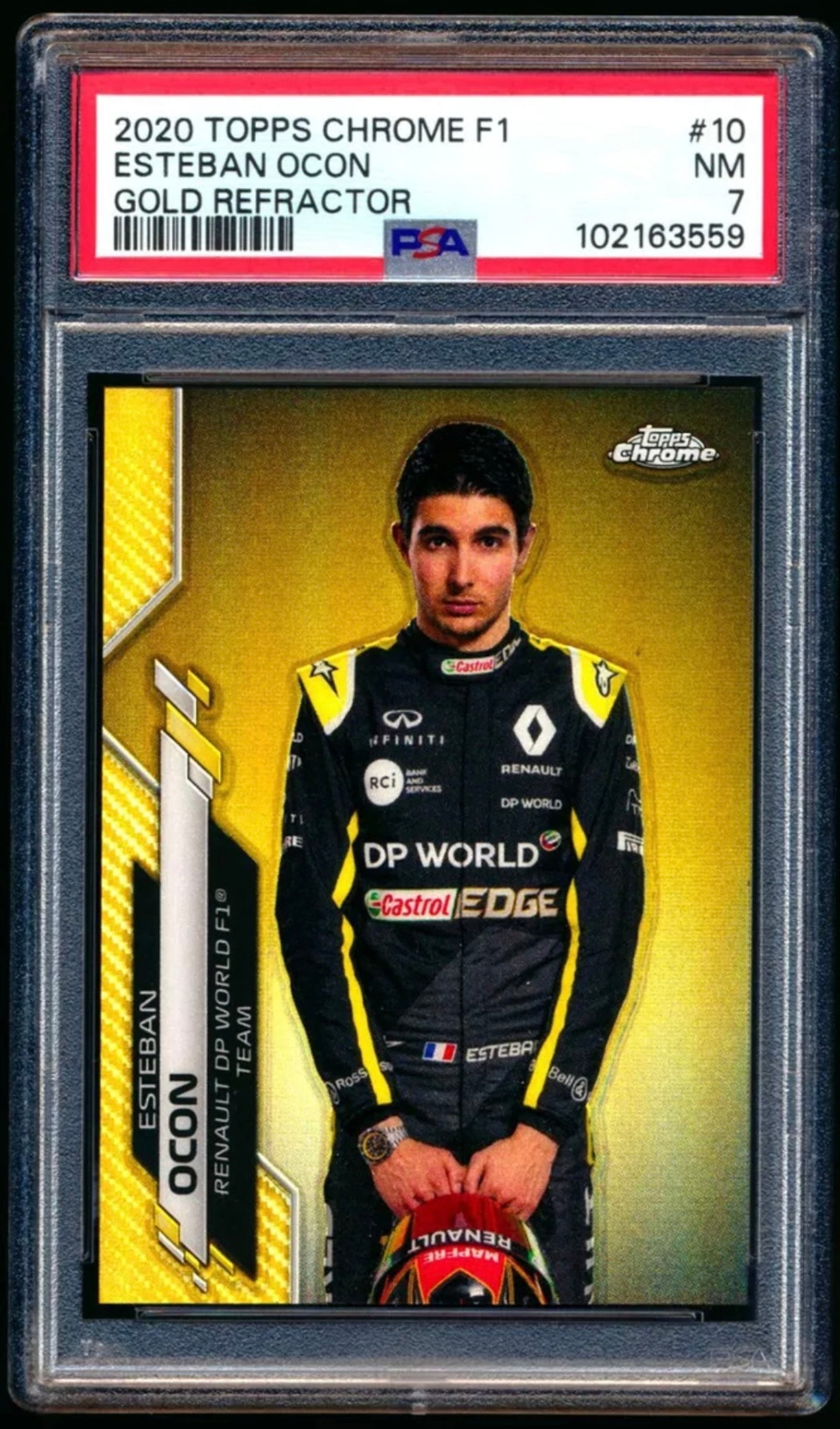 2020 TOPPS CHROME F1 FORMULA 1 #10 ESTEBAN OCON GOLD REFRACTOR /50 PSA 7