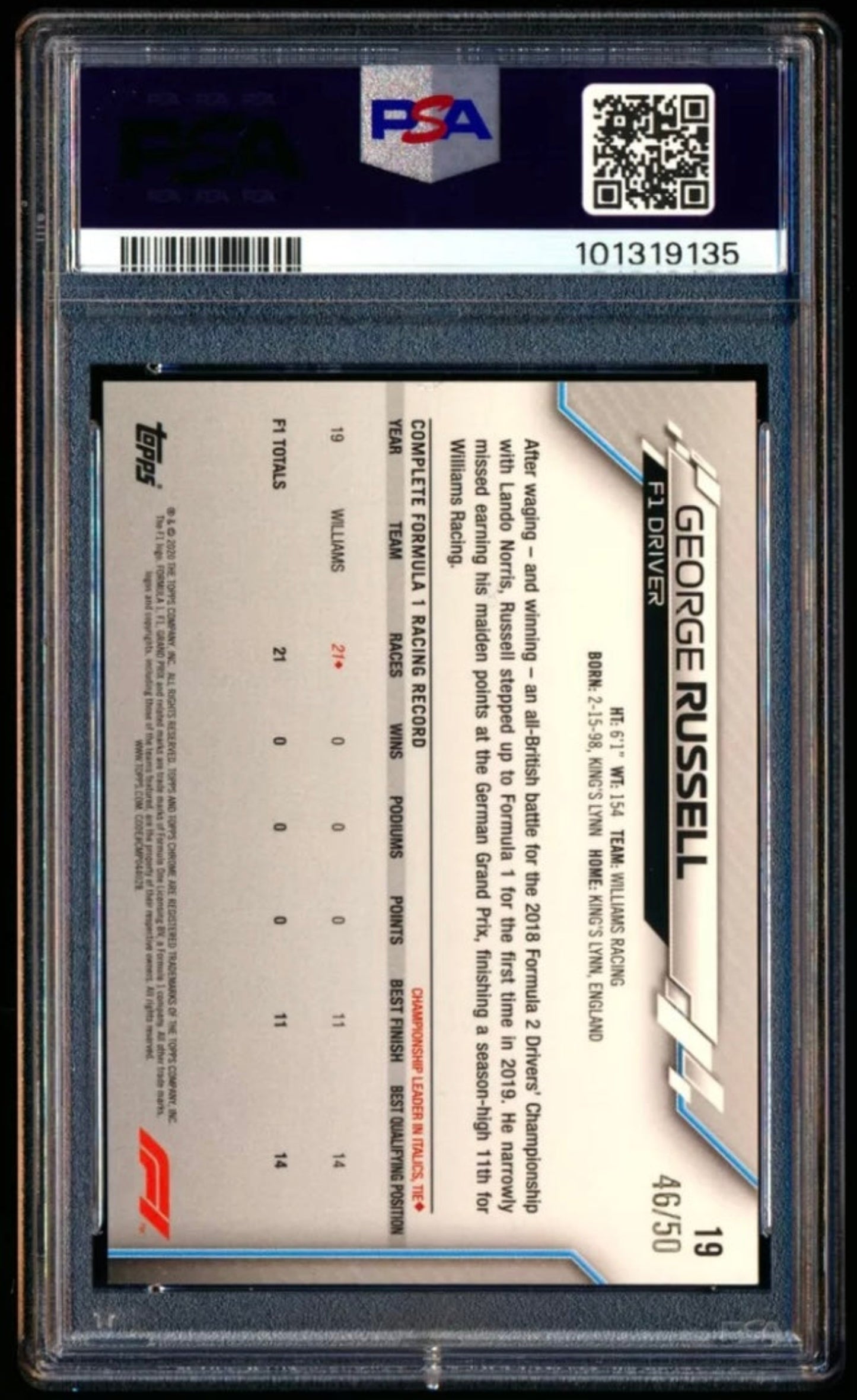 2020 TOPPS CHROME F1 FORMULA 1 #19 GEORGE RUSSELL ROOKIE GOLD REFRACTOR /50 PSA 7