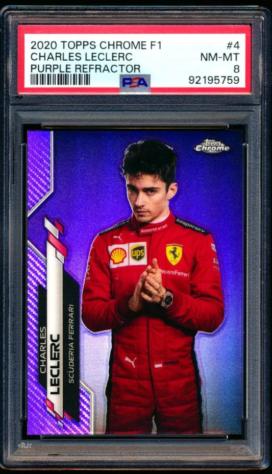 2020 TOPPS CHROME F1 FORMULA 1 #4 CHARLES LECLERC PURPLE REFRACTOR /399 PSA 8