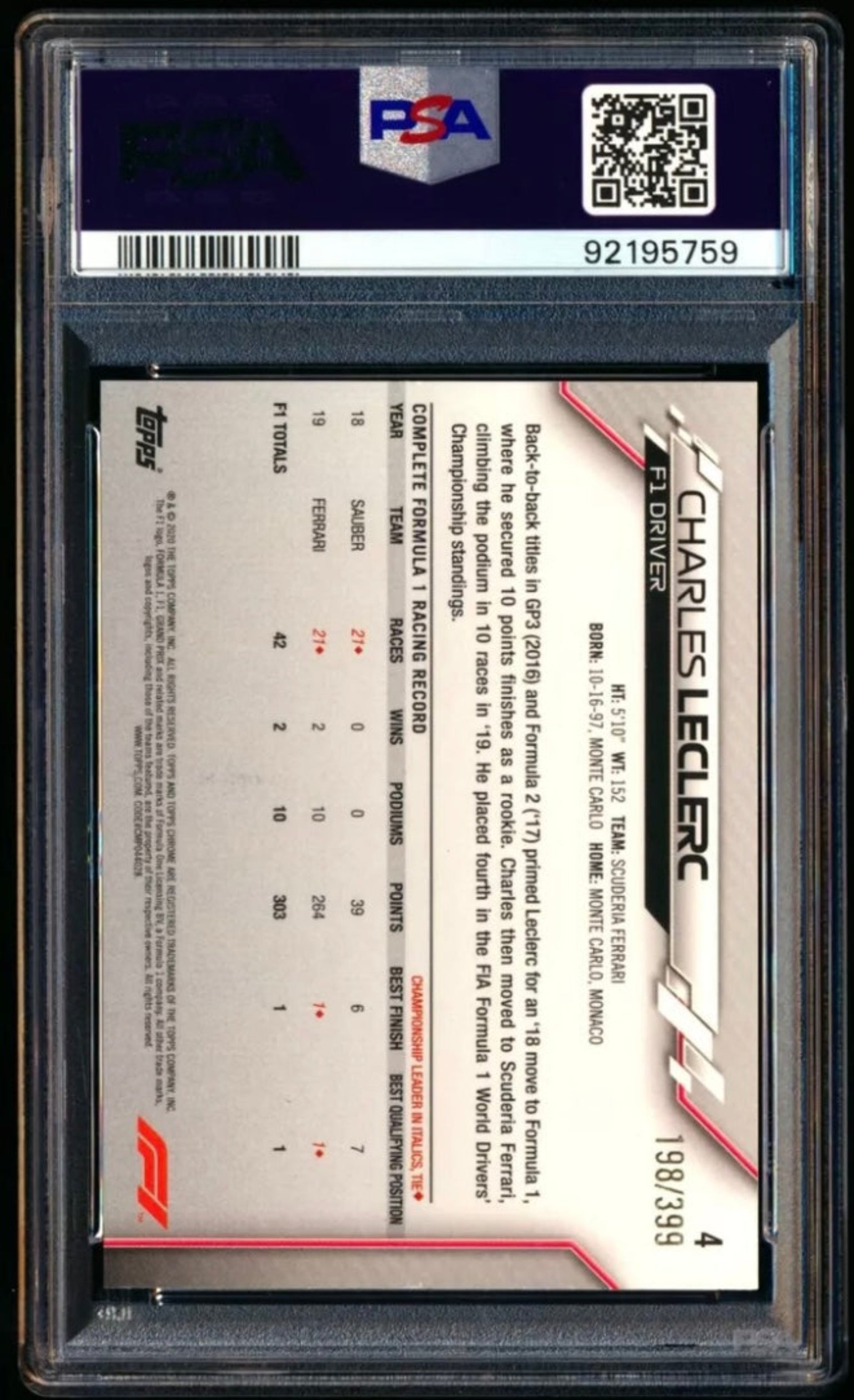 2020 TOPPS CHROME F1 FORMULA 1 #4 CHARLES LECLERC PURPLE REFRACTOR /399 PSA 8