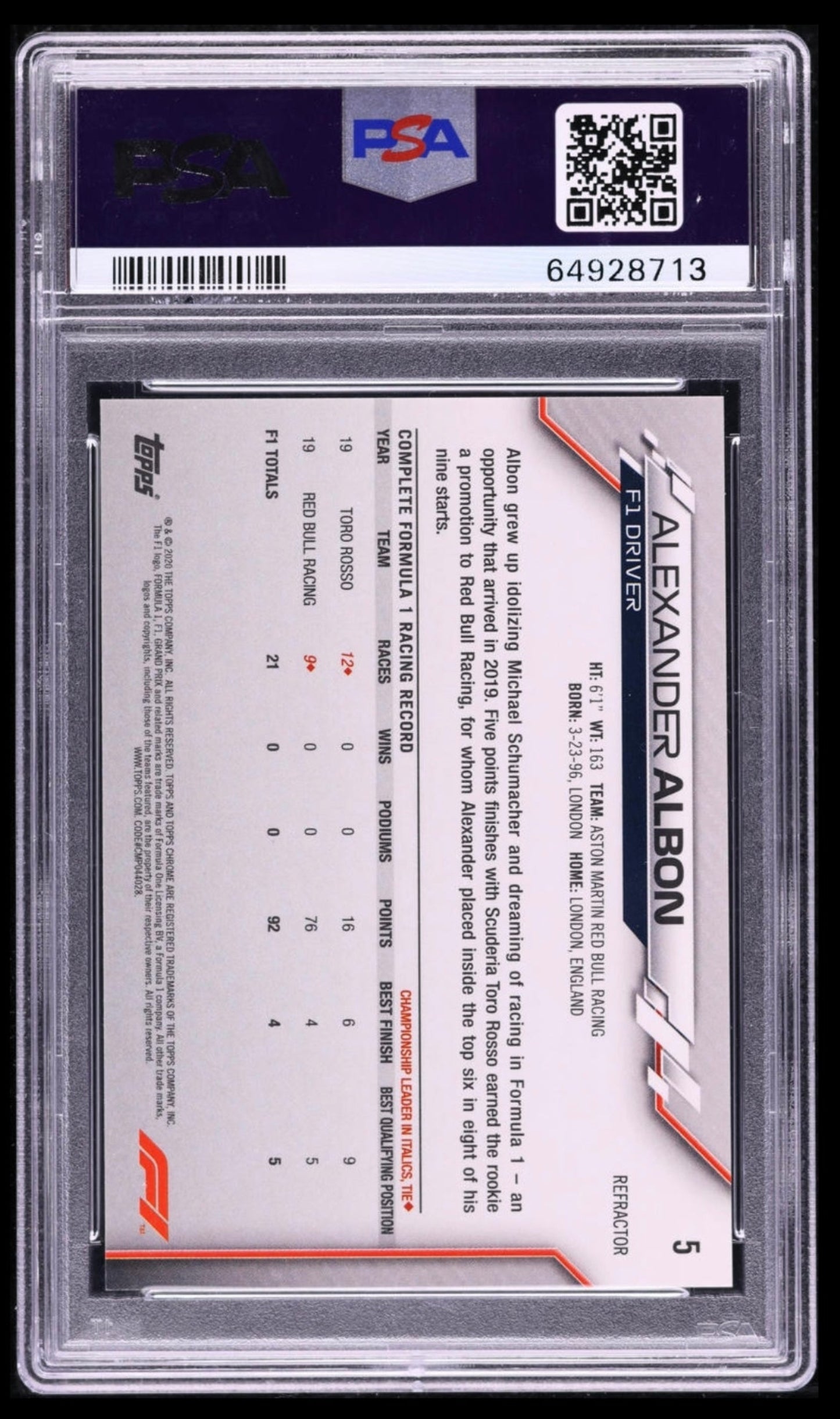 2020 TOPPS CHROME F1 FORMULA 1 #5 ALEXANDER ALBON ROOKIE REFRACTOR PSA 10 GEM MINT