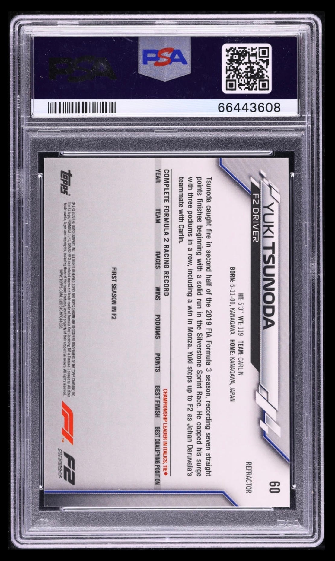 2020 TOPPS CHROME F1 FORMULA 1 #60 YUKI TSUNODA ROOKIE REFRACTOR PSA 10 GEM MINT