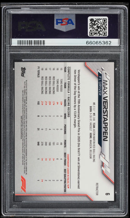 2020 TOPPS CHROME F1 FORMULA 1 #6 MAX VERSTAPPEN REFRACTOR PSA 10 GEM MINT (Serial 362)