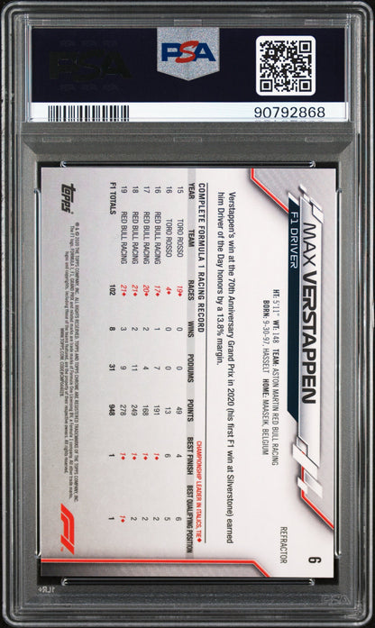 2020 TOPPS CHROME F1 FORMULA 1 #6 MAX VERSTAPPEN REFRACTOR PSA 10 GEM MINT (Serial 868) - 2
