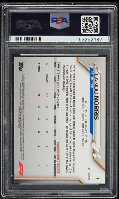 2020 TOPPS CHROME F1 FORMULA 1 #7 LANDO NORRIS REFRACTOR PSA 10 GEM MINT (Serial 197)