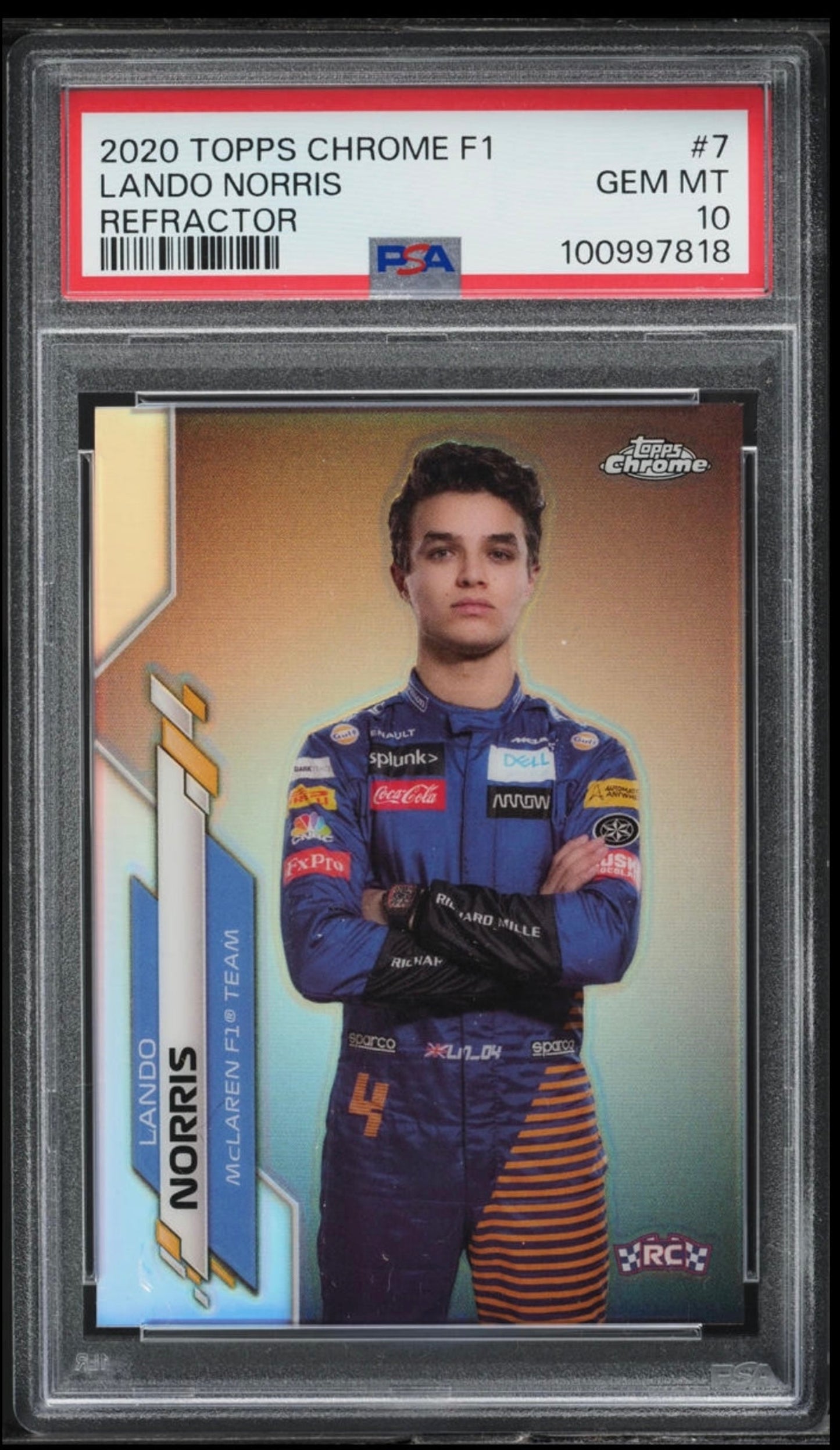 2020 TOPPS CHROME F1 FORMULA 1 #7 LANDO NORRIS REFRACTOR PSA 10 GEM MINT (Serial 818)