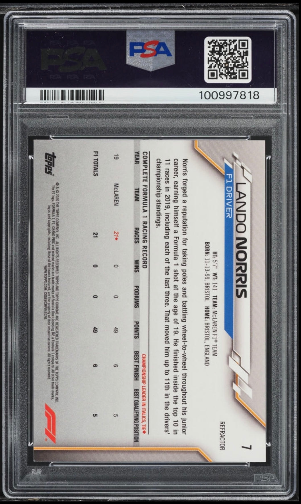 2020 TOPPS CHROME F1 FORMULA 1 #7 LANDO NORRIS REFRACTOR PSA 10 GEM MINT (Serial 818)