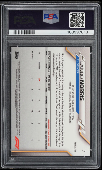 2020 TOPPS CHROME F1 FORMULA 1 #7 LANDO NORRIS REFRACTOR PSA 10 GEM MINT (Serial 818)