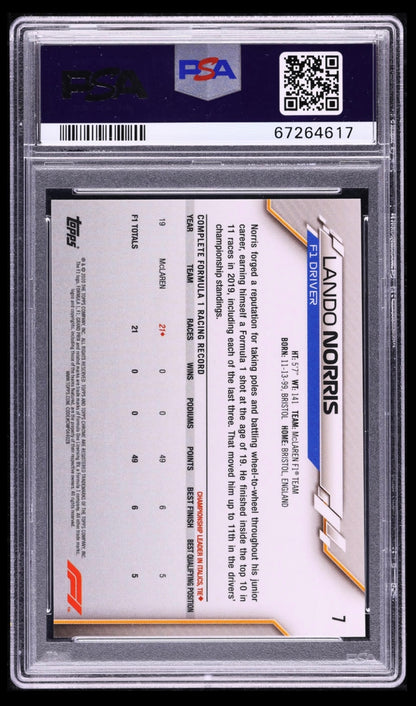 2020 TOPPS CHROME F1 FORMULA 1 #7 LANDO NORRIS ROOKIE PSA 10 GEM MINT (Serial 617)