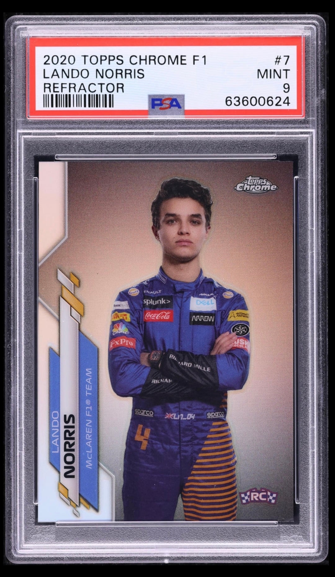 2020 TOPPS CHROME F1 FORMULA 1 #7 LANDO NORRIS ROOKIE REFRACTOR PSA 9 MINT