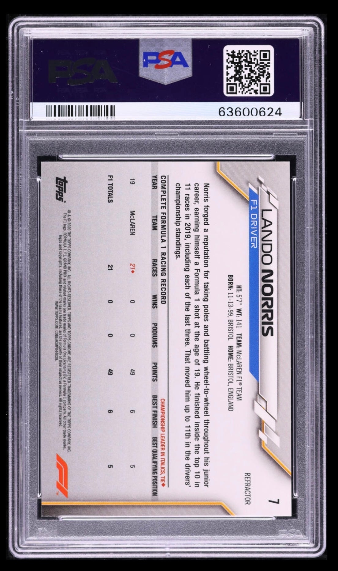 2020 TOPPS CHROME F1 FORMULA 1 #7 LANDO NORRIS ROOKIE REFRACTOR PSA 9 MINT