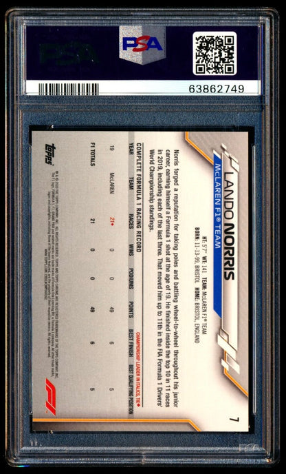2020 TOPPS CHROME F1 FORMULA 1 #7 LANDO NORRIS ROOKIE SP REFRACTOR SHORT PRINT PSA 10 GEM MINT