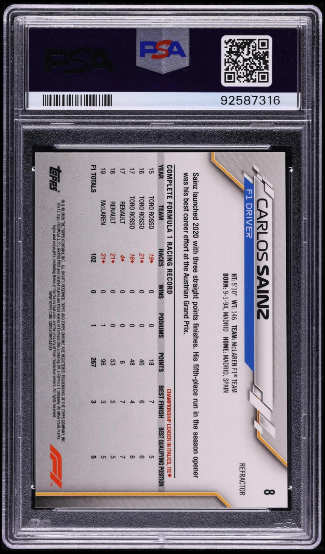 2020 TOPPS CHROME F1 FORMULA 1 #8 CARLOS SAINZ REFRACTOR PSA 10 GEM MINT