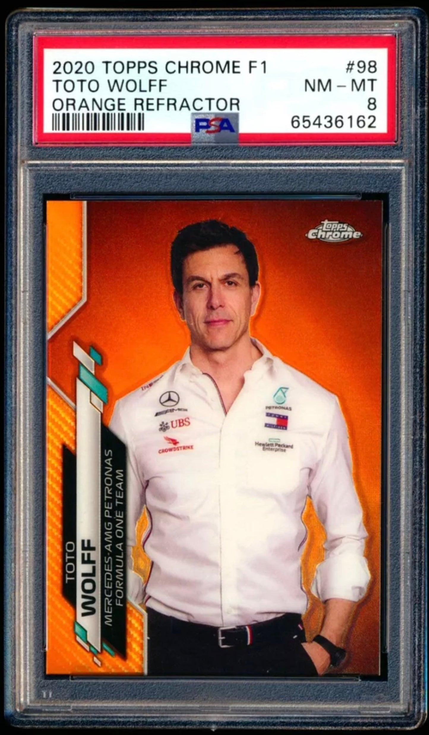 2020 TOPPS CHROME F1 FORMULA 1 #98 TOTO WOLFF ORANGE REFRACTOR /25 PSA 8
