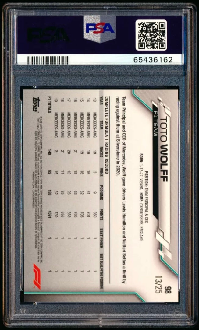 2020 TOPPS CHROME F1 FORMULA 1 #98 TOTO WOLFF ORANGE REFRACTOR /25 PSA 8