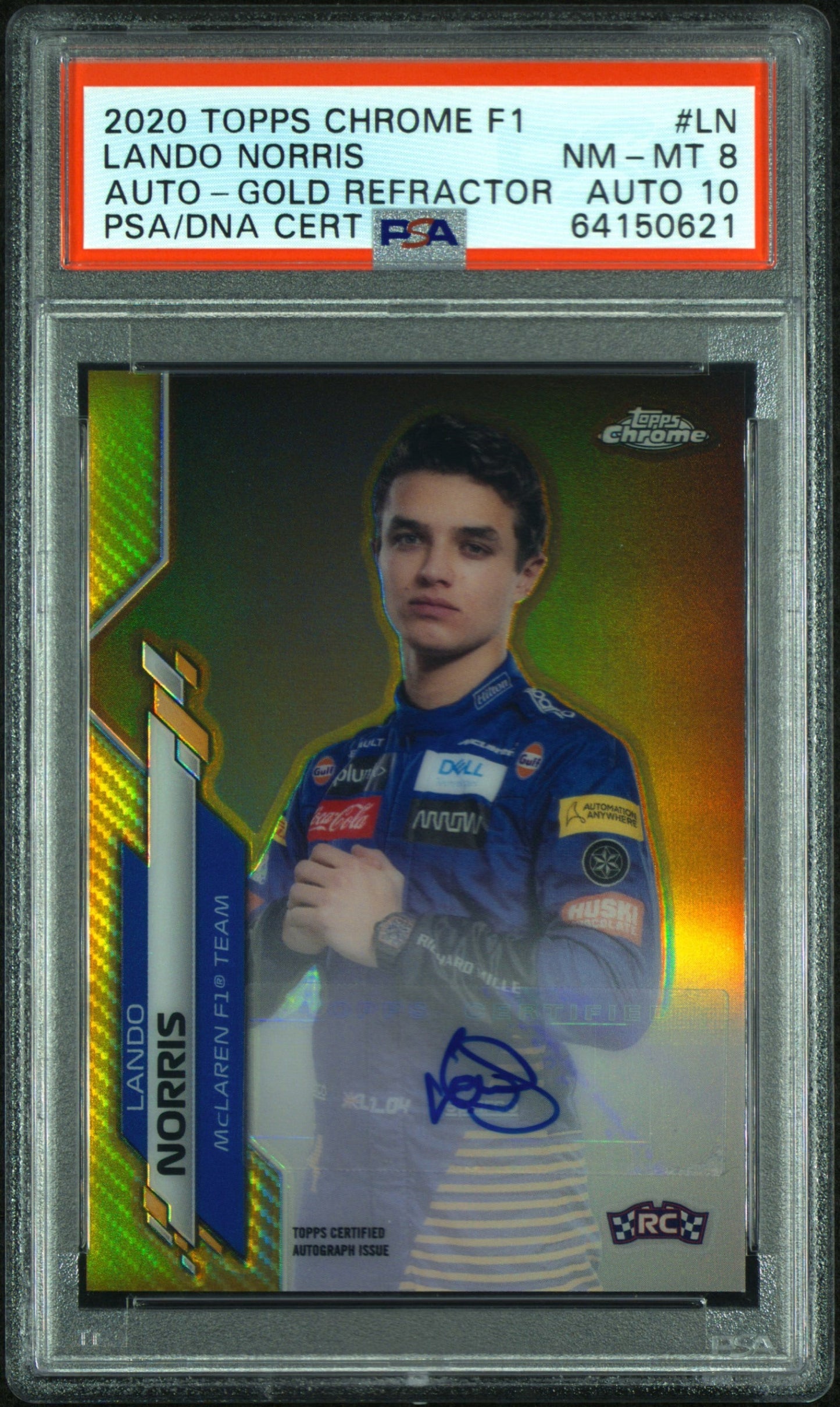 2020 TOPPS CHROME F1 FORMULA 1 AUTOGRAPHS #LN LANDO NORRIS ROOKIE AUTO-GOLD REFRACTOR /50 PSA 8 AUTO 10