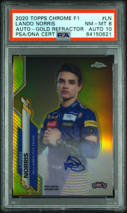 2020 TOPPS CHROME F1 FORMULA 1 AUTOGRAPHS #LN LANDO NORRIS ROOKIE AUTO-GOLD REFRACTOR /50 PSA 8 AUTO 10