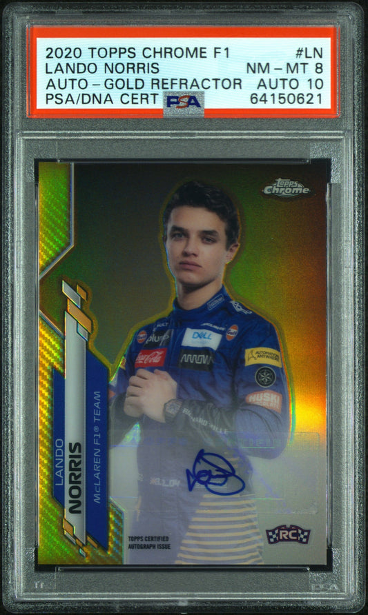 2020 TOPPS CHROME F1 FORMULA 1 AUTOGRAPHS #LN LANDO NORRIS ROOKIE AUTO-GOLD REFRACTOR /50 PSA 8 AUTO 10