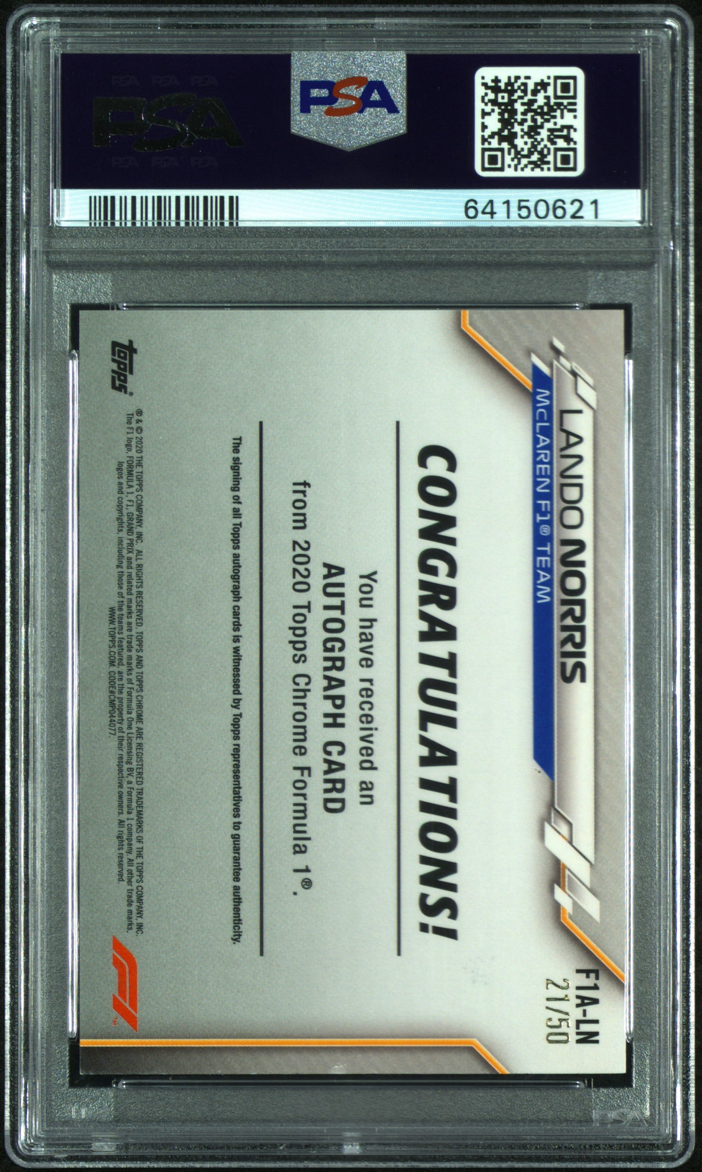 2020 TOPPS CHROME F1 FORMULA 1 AUTOGRAPHS #LN LANDO NORRIS ROOKIE AUTO-GOLD REFRACTOR /50 PSA 8 AUTO 10