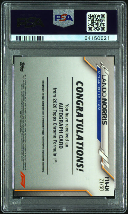 2020 TOPPS CHROME F1 FORMULA 1 AUTOGRAPHS #LN LANDO NORRIS ROOKIE AUTO-GOLD REFRACTOR /50 PSA 8 AUTO 10