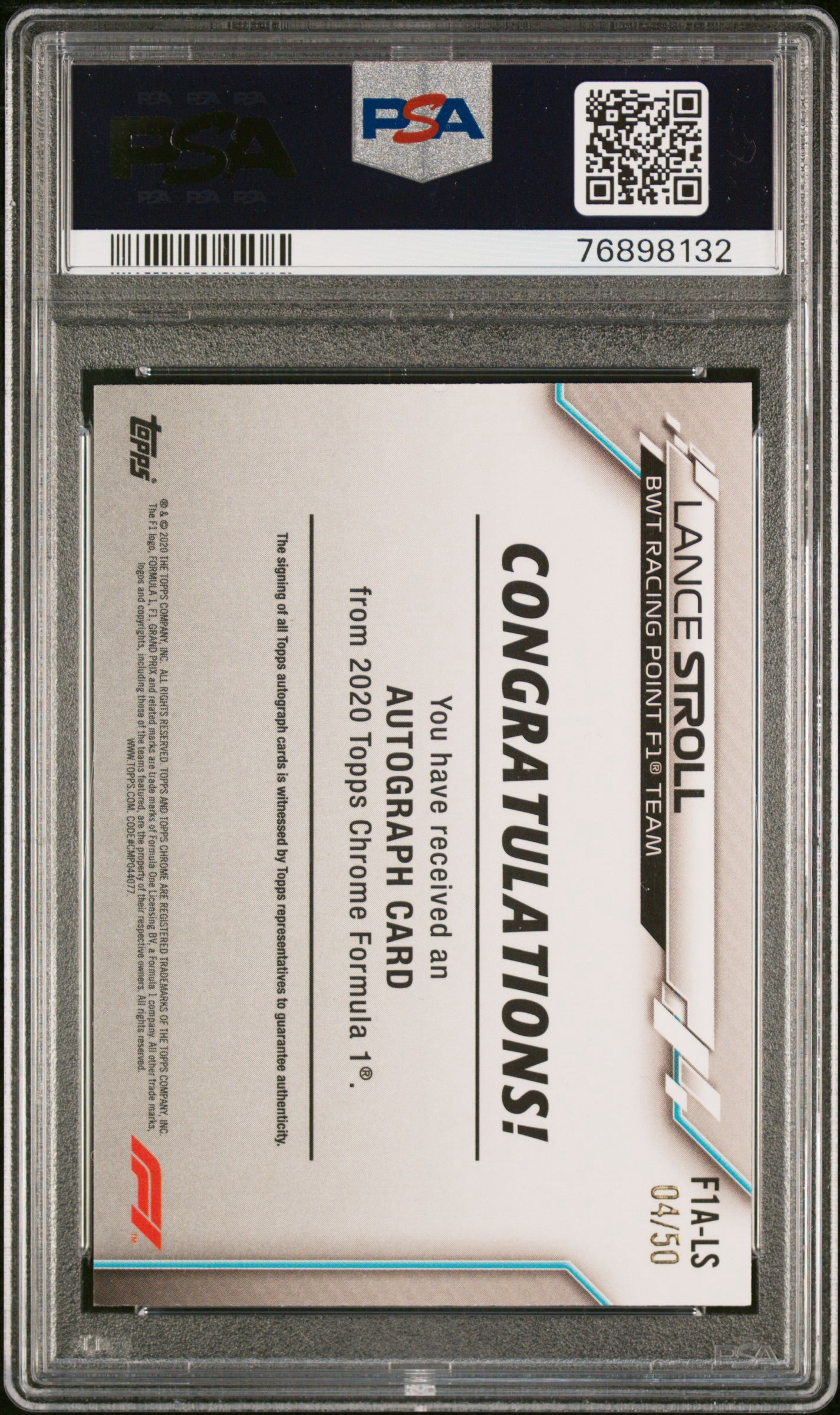 2020 TOPPS CHROME F1 FORMULA 1 AUTOGRAPHS #LS LANCE STROLL AUTO-GOLD WAVE REFRACTOR /50 PSA 7 AUTO 10