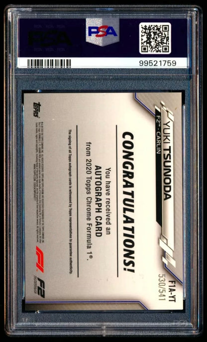 2020 TOPPS CHROME F1 FORMULA 1 AUTOGRAPHS #YT YUKI TSUNODA ROOKIE REFRACTOR AUTOGRAPH /541 PSA 8 AUTO 10
