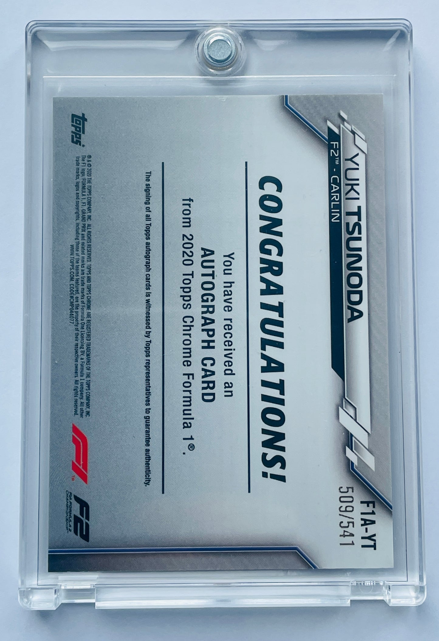 2020 TOPPS CHROME F1 FORMULA 1 AUTOGRAPHS #YT YUKI TSUNODA ROOKIE REFRACTOR AUTOGRAPH /541 UNGRADED