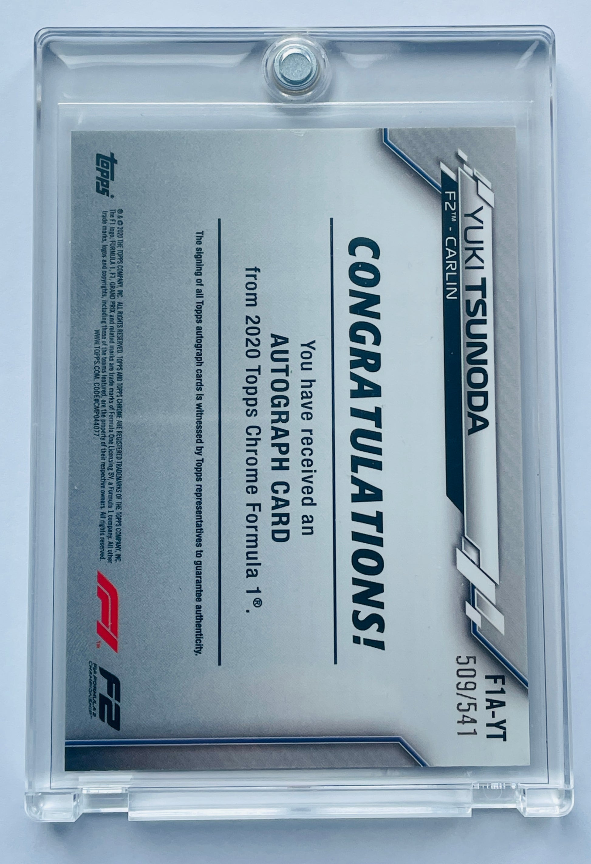 2020 TOPPS CHROME F1 FORMULA 1 AUTOGRAPHS #YT YUKI TSUNODA ROOKIE REFRACTOR AUTOGRAPH /541 UNGRADED