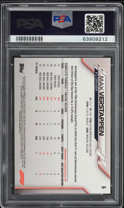 2020 TOPPS CHROME F1 FORMULA 1 MAX VERSTAPPEN #6 PSA 10 GEM MINT (Serial 212) - 2