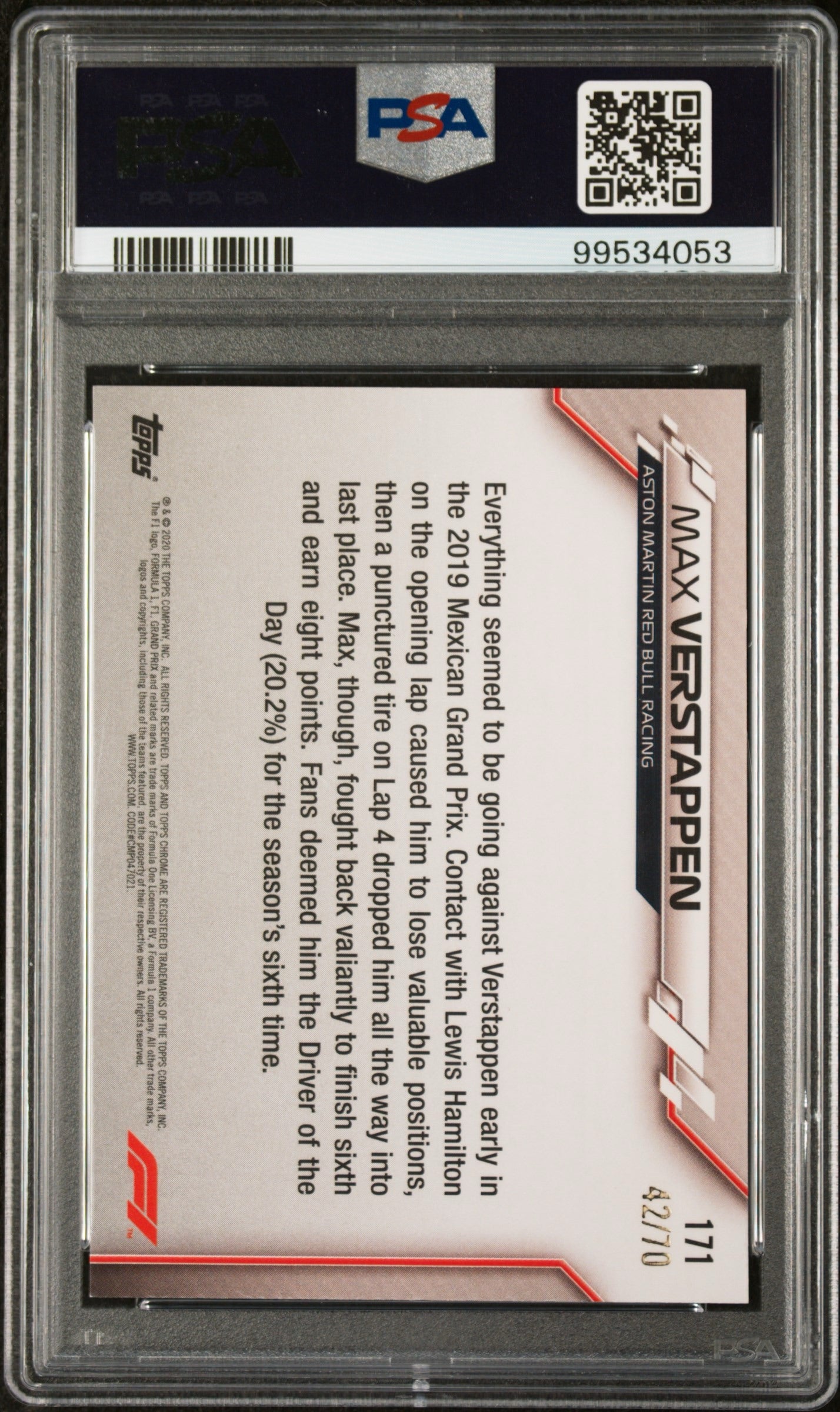 2020 TOPPS CHROME F1 FORMULA 1 SAPPHIRE EDITION #171 MAX VERSTAPPEN 70TH ANNIVERSARY /70 PSA 10 GEM MINT