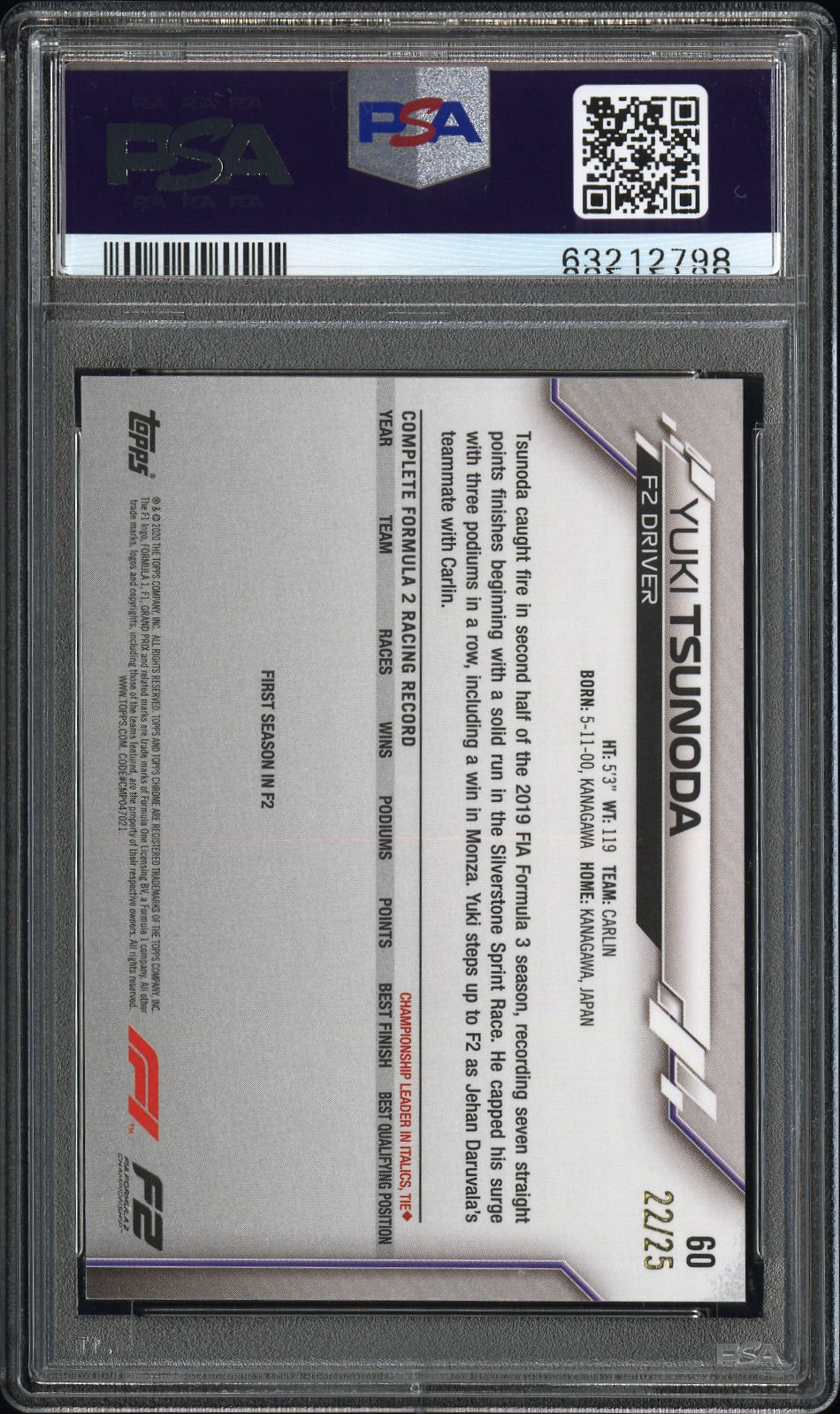 2020 TOPPS CHROME F1 FORMULA 1 SAPPHIRE EDITION #60 YUKI TSUNODA ROOKIE SAPPHIRE ED-ORANGE 22/25 PSA 9 MINT