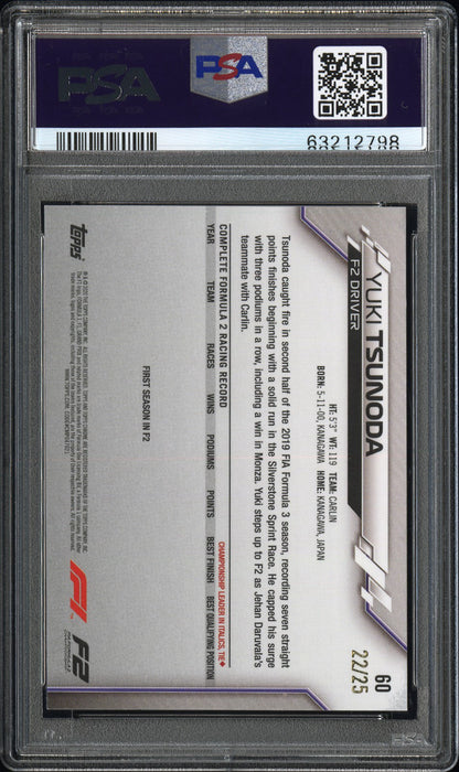 2020 TOPPS CHROME F1 FORMULA 1 SAPPHIRE EDITION #60 YUKI TSUNODA ROOKIE SAPPHIRE ED-ORANGE 22/25 PSA 9 MINT