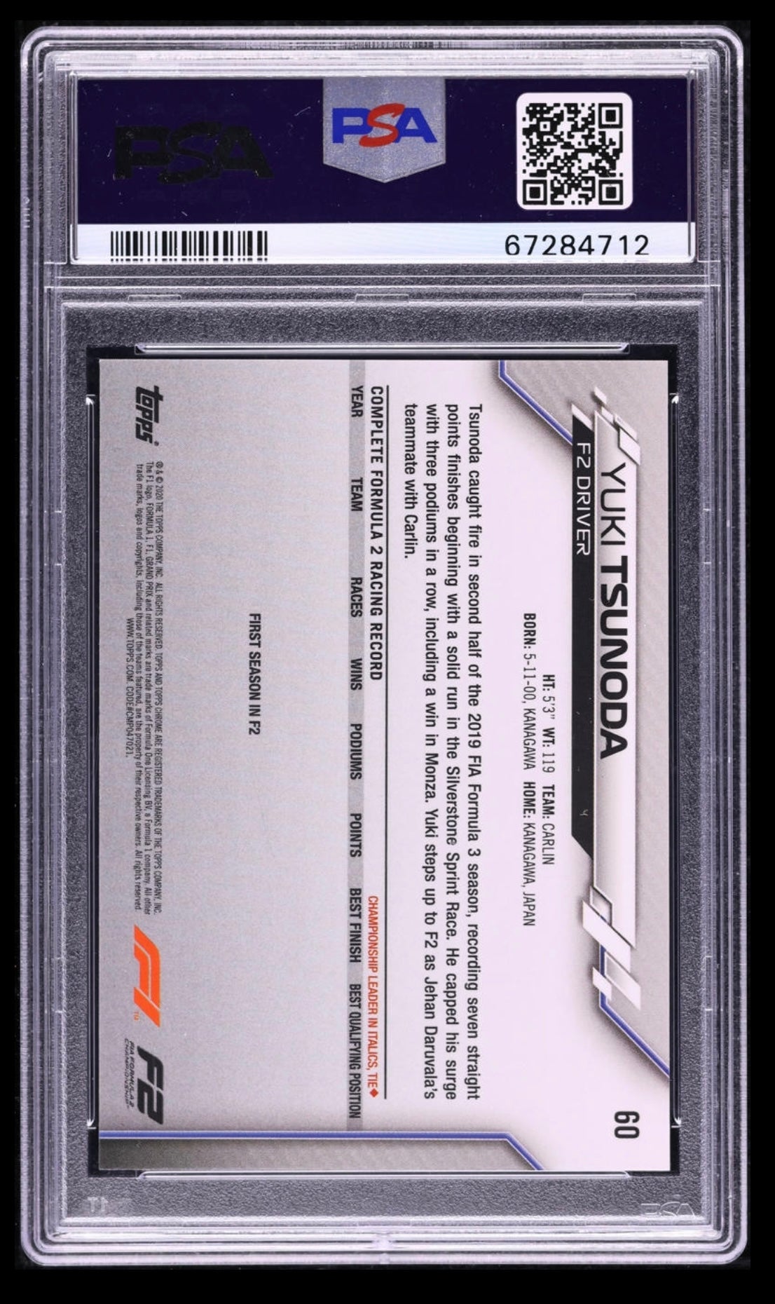 2020 TOPPS CHROME F1 FORMULA 1 SAPPHIRE EDITION #60 YUKI TSUNODA ROOKIE SAPPHIRE EDITION PSA 10 GEM MINT