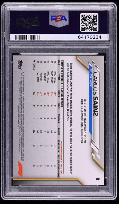 2020 TOPPS CHROME F1 FORMULA 1 SAPPHIRE EDITION #8 CARLOS SAINZ SAPPHIRE EDITION PSA 10 GEM MINT