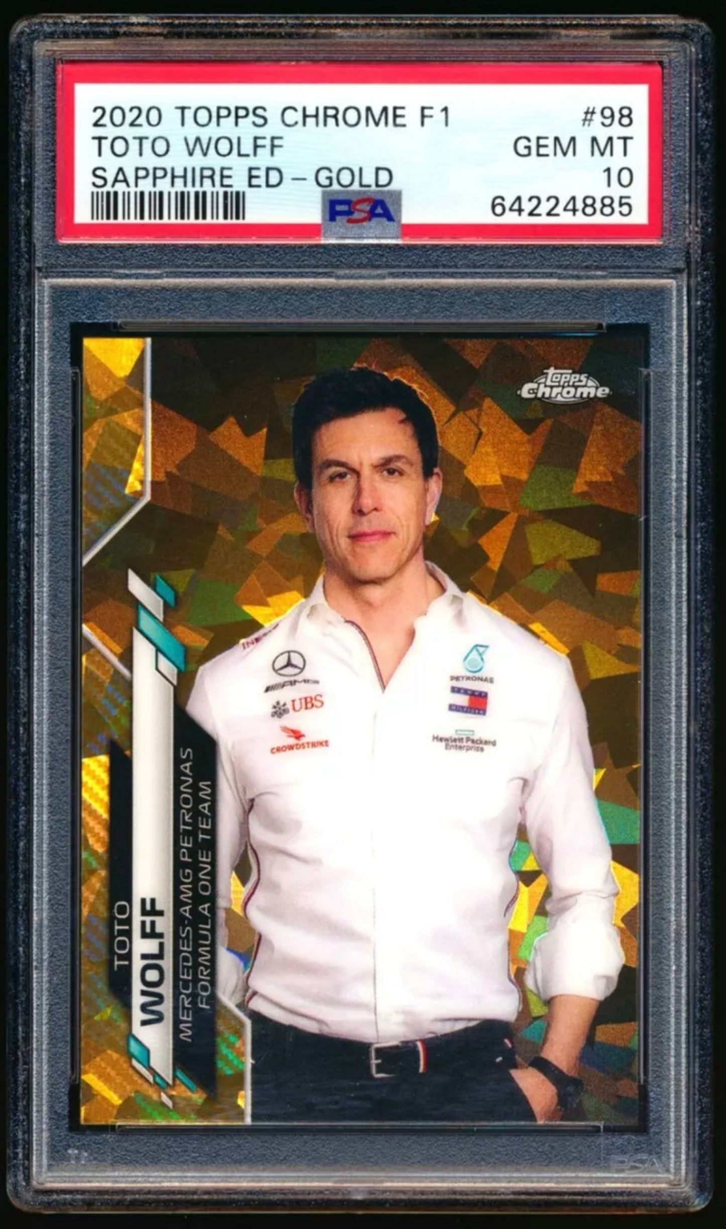 2020 TOPPS CHROME F1 FORMULA 1 SAPPHIRE EDITION #98 TOTO WOLFF GOLD REFRACTOR /50 PSA 10 GEM MINT