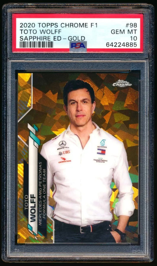 2020 TOPPS CHROME F1 FORMULA 1 SAPPHIRE EDITION #98 TOTO WOLFF GOLD REFRACTOR /50 PSA 10 GEM MINT