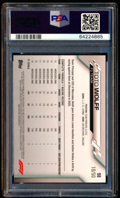 2020 TOPPS CHROME F1 FORMULA 1 SAPPHIRE EDITION #98 TOTO WOLFF GOLD REFRACTOR /50 PSA 10 GEM MINT