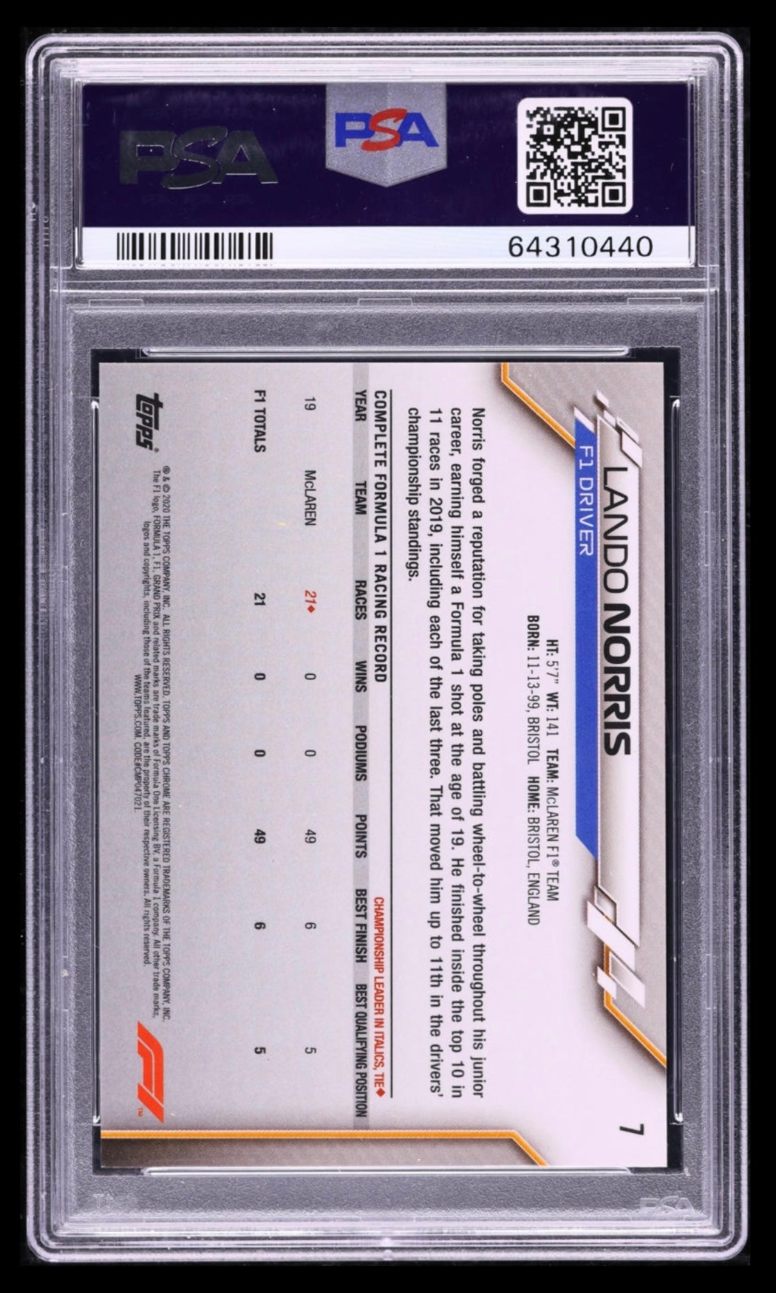 2020 TOPPS CHROME F1 FORMULA 1 SAPPHIRE EDITION LANDO NORRIS #7 ROOKIE PSA 10 GEM MINT (Serial 440)