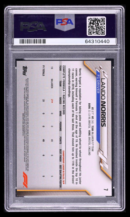 2020 TOPPS CHROME F1 FORMULA 1 SAPPHIRE EDITION LANDO NORRIS #7 ROOKIE PSA 10 GEM MINT (Serial 440)