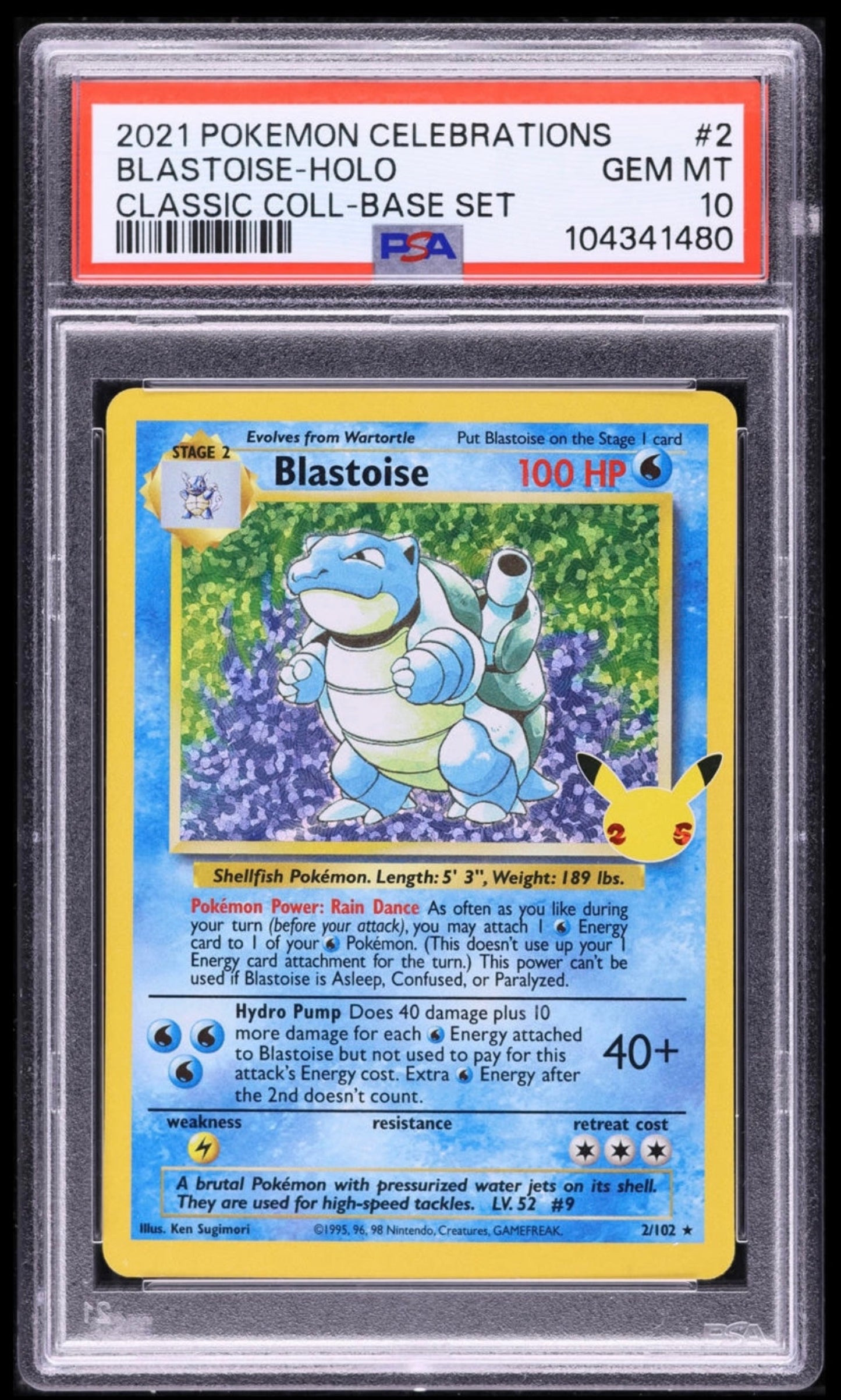 2021 POKEMON TCG CELEBRATIONS CLASSIC COLLECTION #2 BLASTOISE-HOLO PSA 10 GEM MINT (Serial 480)