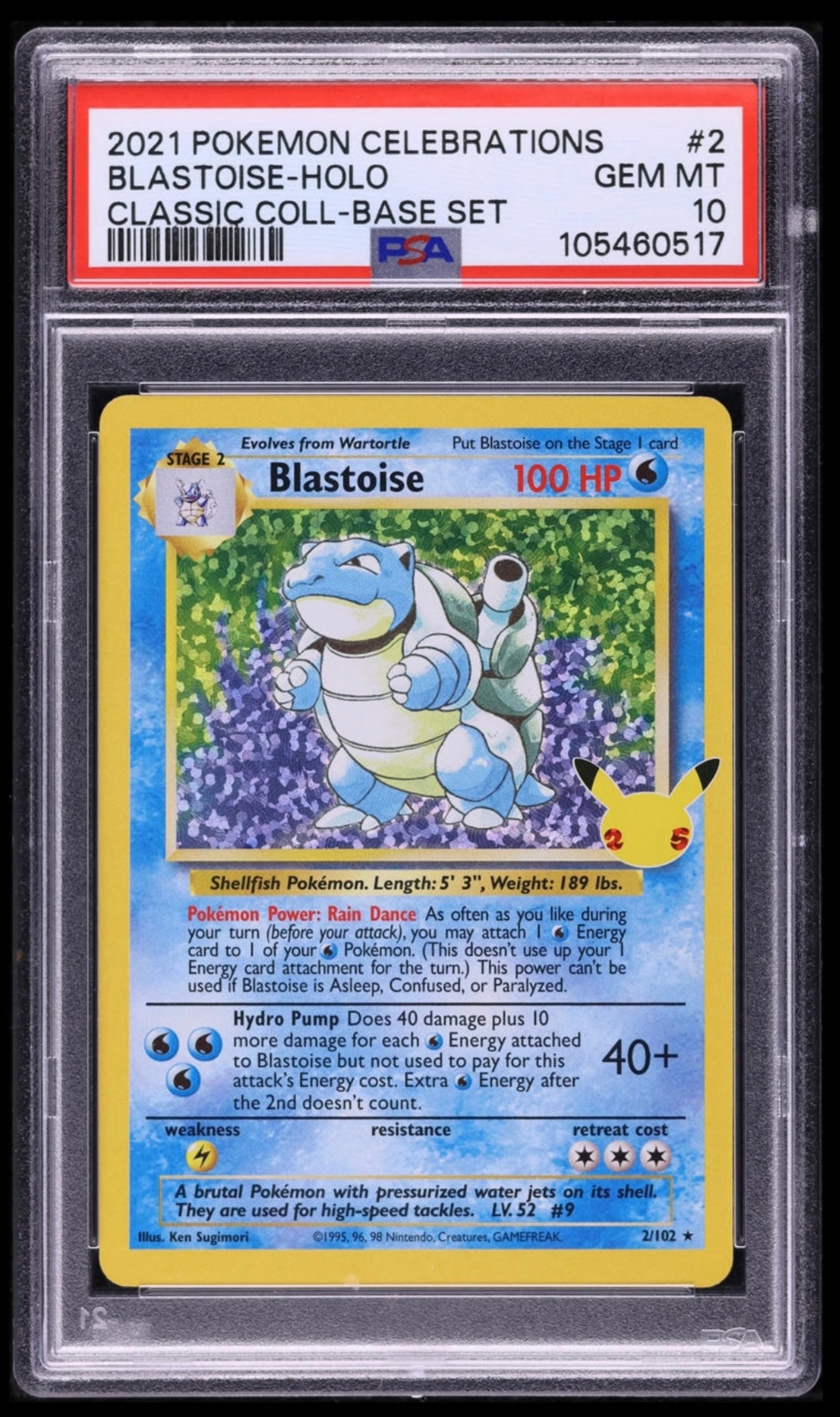 2021 POKEMON TCG CELEBRATIONS CLASSIC COLLECTION #2 BLASTOISE-HOLO PSA 10 GEM MINT (Serial 517)