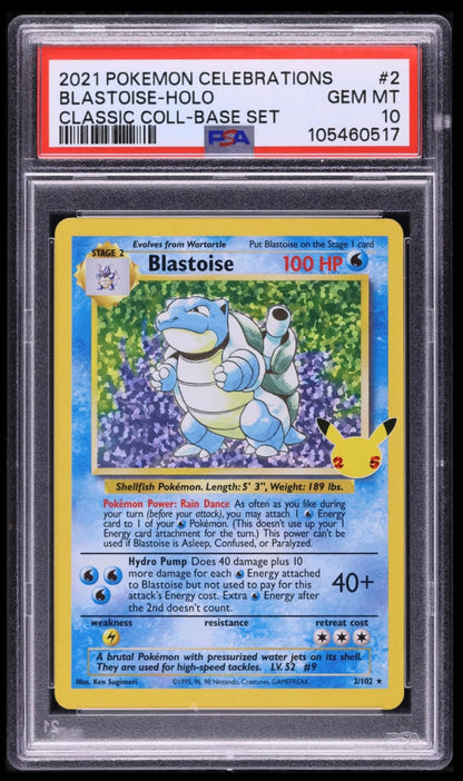 2021 POKEMON TCG CELEBRATIONS CLASSIC COLLECTION #2 BLASTOISE-HOLO PSA 10 GEM MINT (Serial 517)