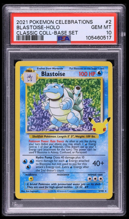 2021 POKEMON TCG CELEBRATIONS CLASSIC COLLECTION #2 BLASTOISE-HOLO PSA 10 GEM MINT (Serial 517)