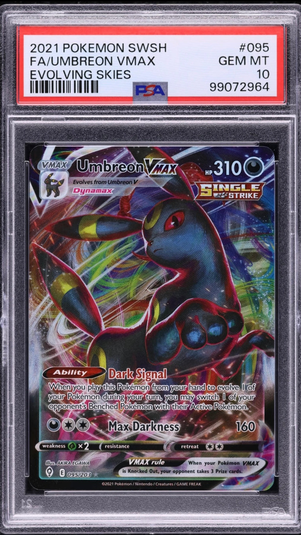 PSA 10 Umbreon VMAX Full Art #095 from 2021 Pokémon Evolving Skies, graded Gem Mint in a sealed PSA slab.
