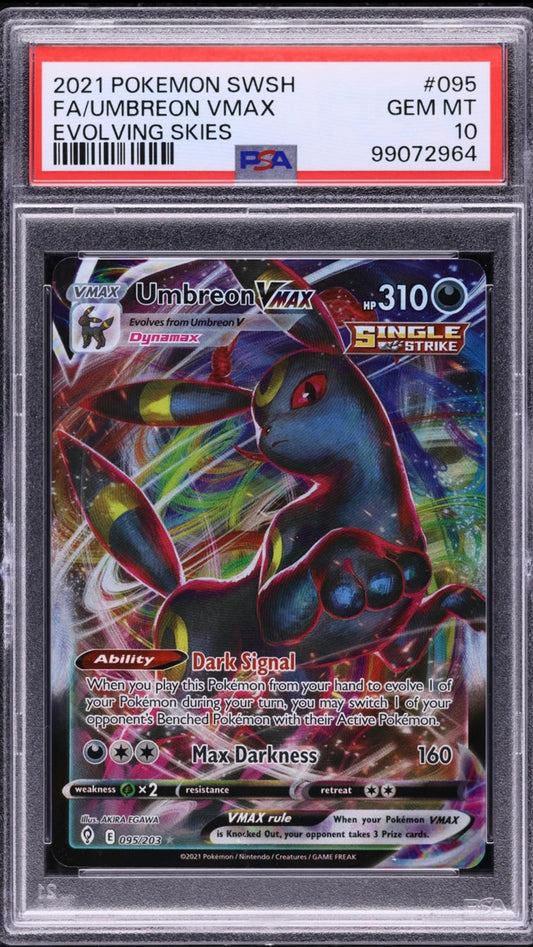 PSA 10 Umbreon VMAX Full Art #095 from 2021 Pokémon Evolving Skies, graded Gem Mint in a sealed PSA slab.
